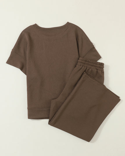 Black Textured Loose Fit T Shirt and Drawstring Pants Set