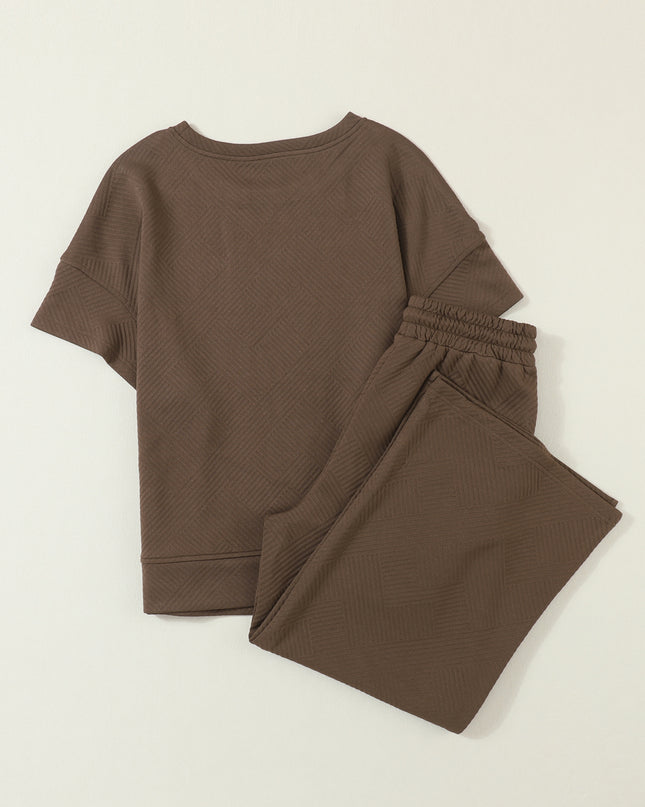 Black Textured Loose Fit T Shirt and Drawstring Pants Set