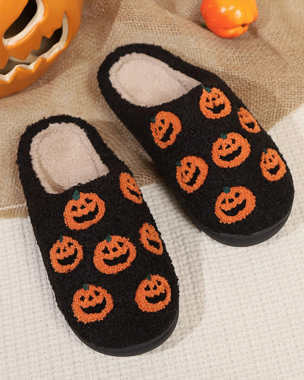Black Halloween Pumpkin Plush Home Slippers