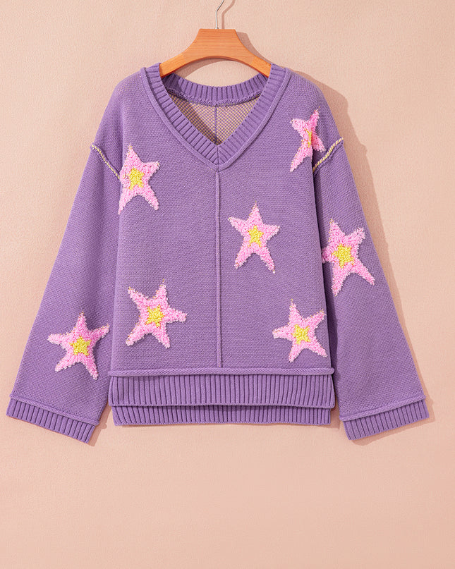 Lavendula Brushed Star Graphic V Neck Drop Shoulder Oversize Sweater