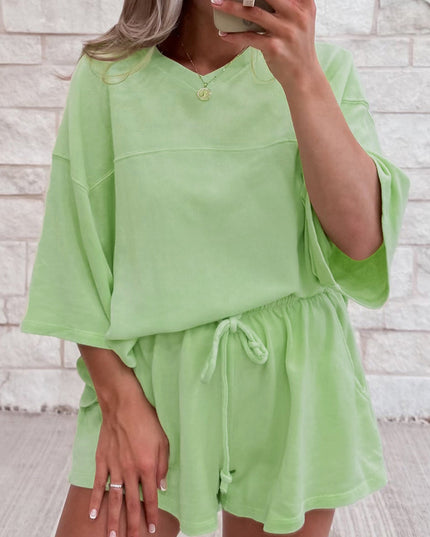 Bonbon Loose V Neck Tee and Drawstring Shorts Set