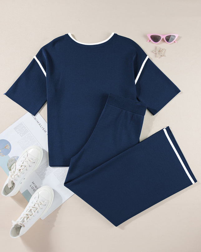 Navy Blue Loose Contrast Trim Half Sleeve Top and Drawstring Pants Set