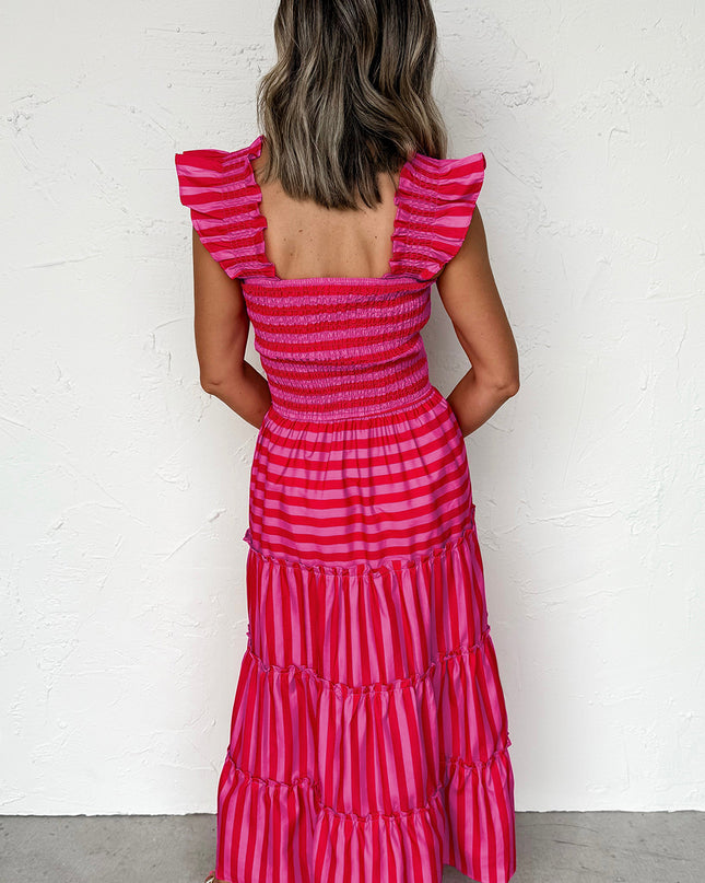 Rose Stripe Ruffle Strap Shirred Bodice Tiered Maxi Dress