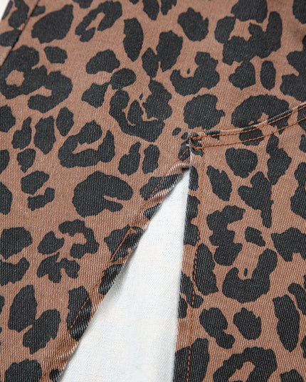 Brown Leopard Frayed Split Denim Midi Skirt