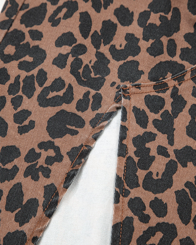 Brown Leopard Frayed Split Denim Midi Skirt