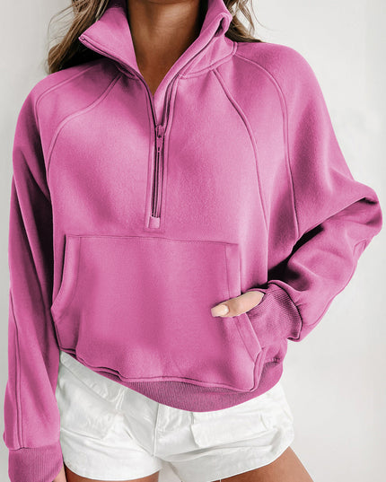 Black Zip Up Stand Collar Ribbed Thumbhole Sleeve Sweatshirt