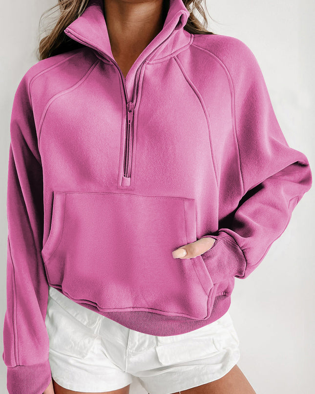Black Zip Up Stand Collar Ribbed Thumbhole Sleeve Sweatshirt