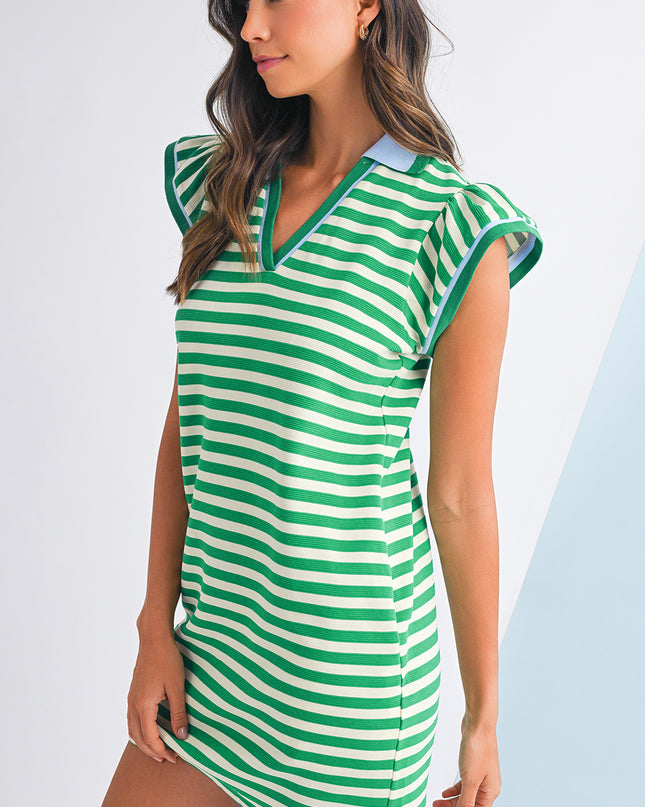 Green Striped Ruffle Short Sleeve Pop of Color Neckline Dress