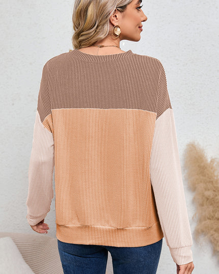 Multicolor Colorblock Ribbed Loose Long Sleeve Top