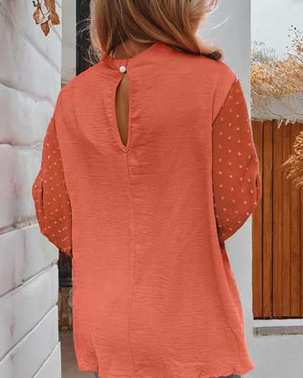 Russet Orange Swiss Dot Balloon Sleeve Patchwork Crinkle Blouse
