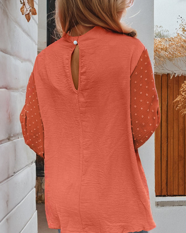 Russet Orange Swiss Dot Balloon Sleeve Patchwork Crinkle Blouse