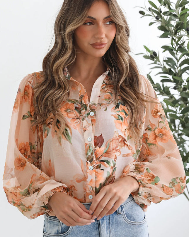 Orange Floral Puff Sleeve Lightweight Shirt