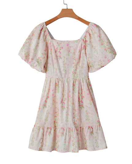 Pink Floral Puff Sleeve Square Neck Knotted Backless Ruffle Mini Dress