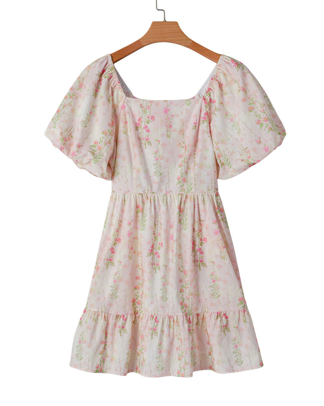 Pink Floral Puff Sleeve Square Neck Knotted Backless Ruffle Mini Dress