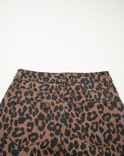 Brown Leopard Frayed Split Denim Midi Skirt