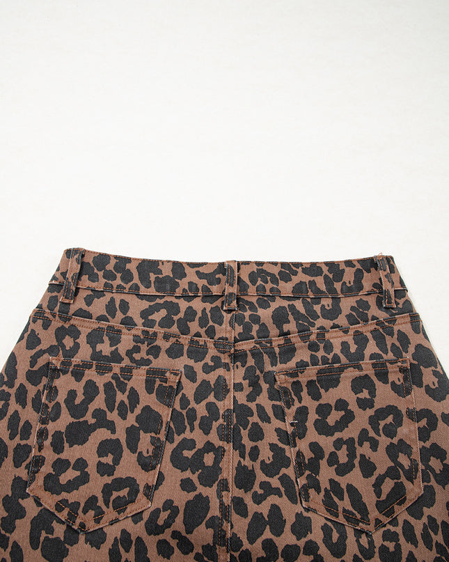 Brown Leopard Frayed Split Denim Midi Skirt