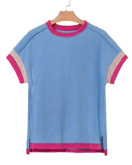 Rose Red Textured Colorblock Round Neck T Shirt