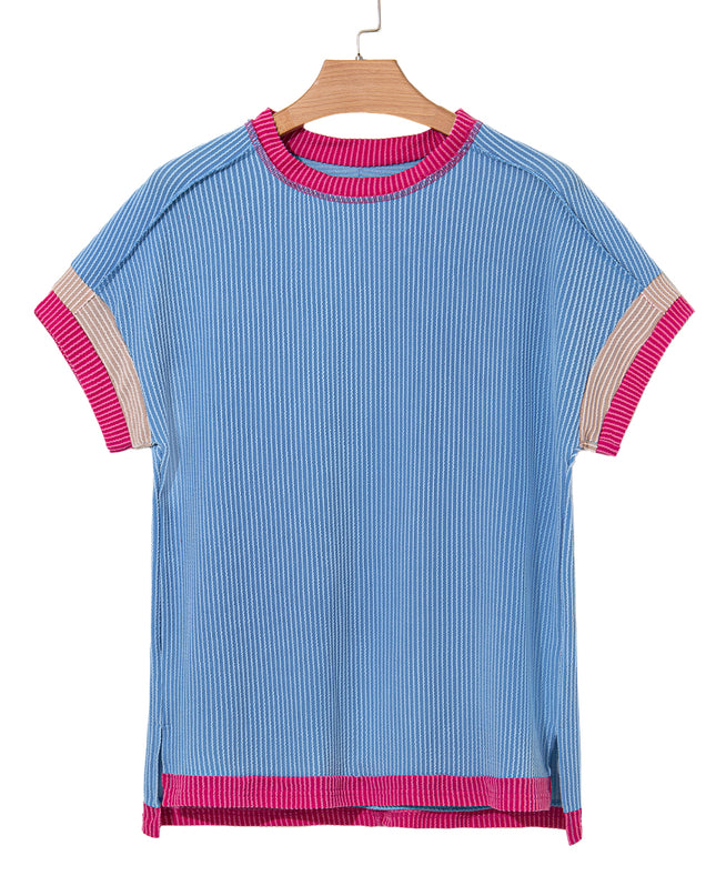 Rose Red Textured Colorblock Round Neck T Shirt