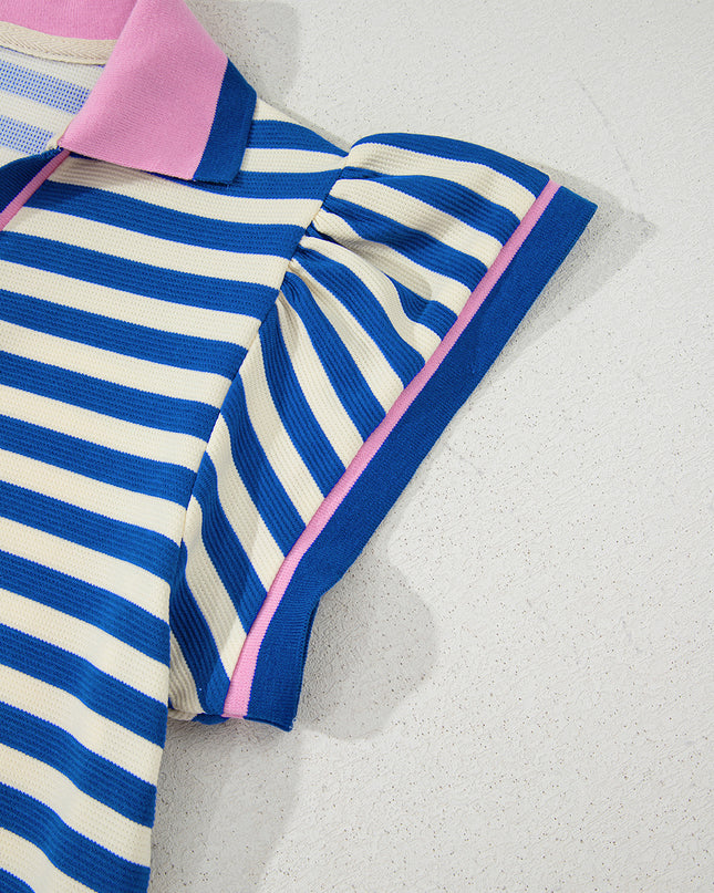 Green Striped Ruffle Short Sleeve Pop of Color Neckline Dress