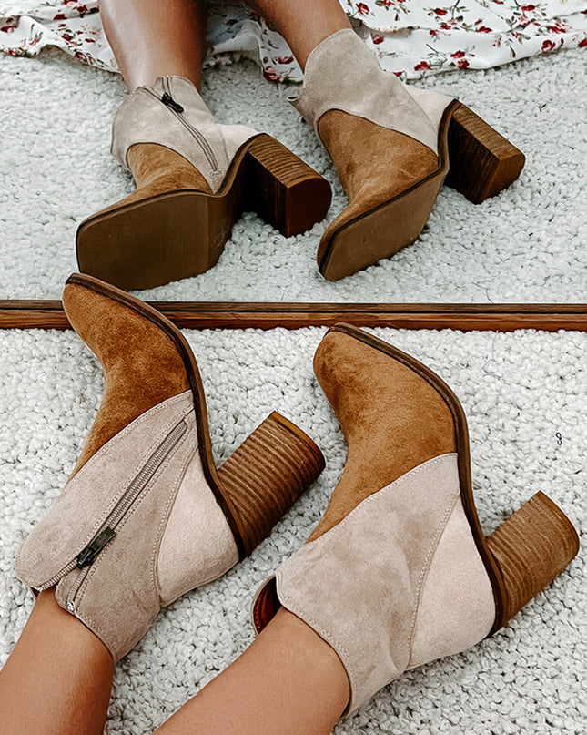 Camel Two Tone Faux Suede Square Toe Chunky Heel Boots
