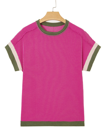 Rose Red Textured Colorblock Round Neck T Shirt