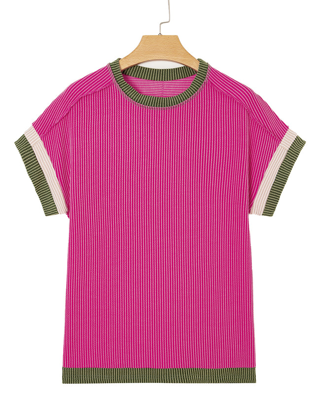 Rose Red Textured Colorblock Round Neck T Shirt