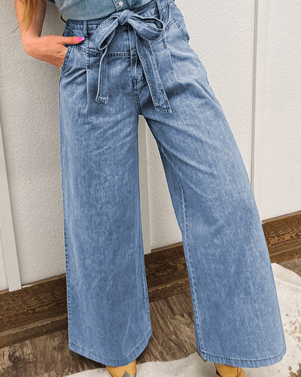 Beau Blue Vintage Washed Knot Belt Wide Leg Jeans