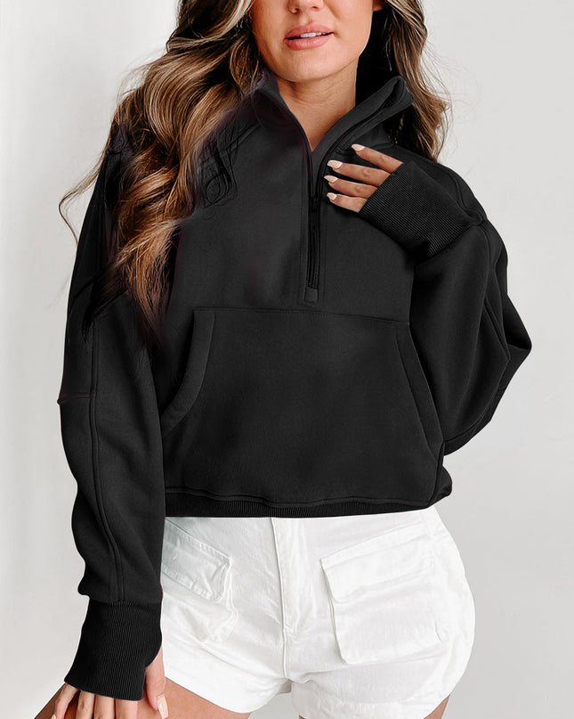 Black Zip Up Stand Collar Ribbed Thumbhole Sleeve Sweatshirt
