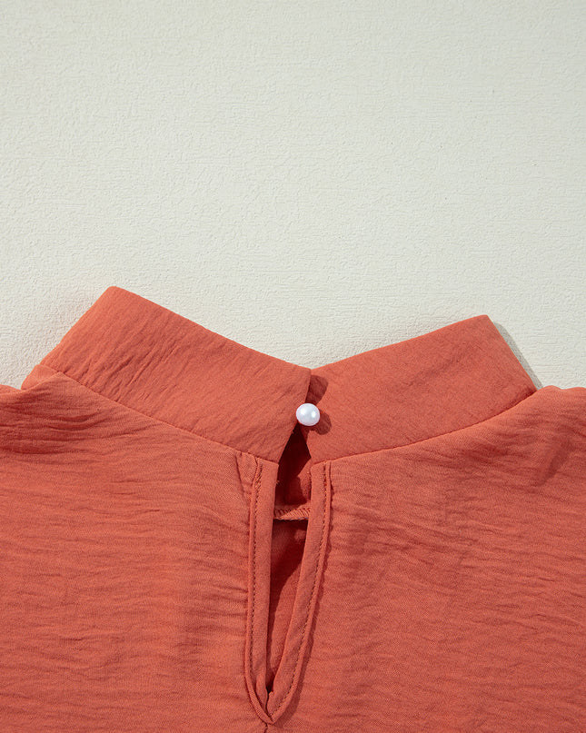 Russet Orange Swiss Dot Balloon Sleeve Patchwork Crinkle Blouse