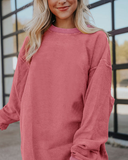 Red Plain Drop Sleeve Rib Knit Oversized Sweatshirt