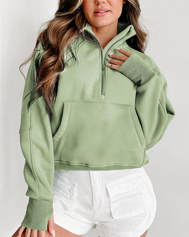 Black Zip Up Stand Collar Ribbed Thumbhole Sleeve Sweatshirt