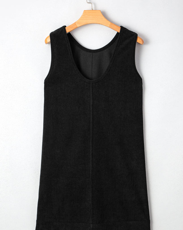 Black Corduroy Exposed Seam Sleeveless Mini Dress