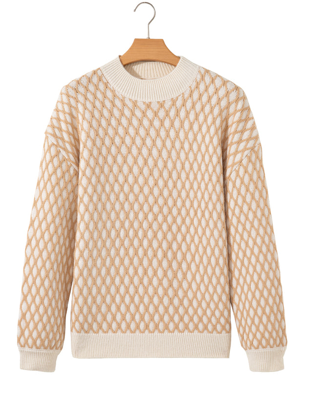 Smoke Gray Checkered Textured Knit Mock Neck Sweater