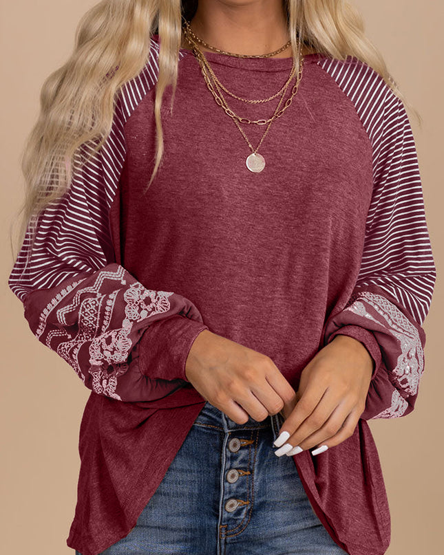 Rose Red Contrast Print Striped Raglan Long Sleeve Loose Top