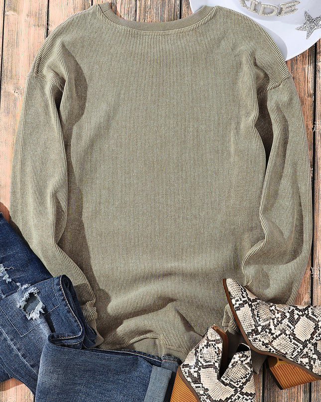 Green Ribbed Round Neck Drop Sleeve Pullover Sweatshirt