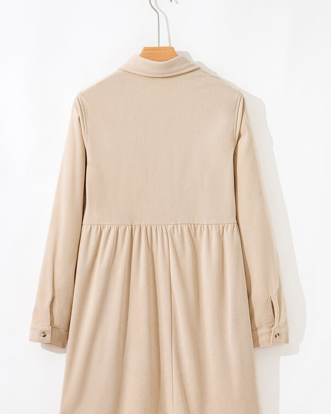 Oatmeal Corduroy Half Button Collared Long Sleeve Mini Dress