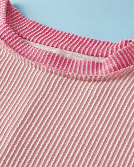 Rose Red Textured Colorblock Round Neck T Shirt