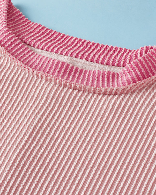 Rose Red Textured Colorblock Round Neck T Shirt