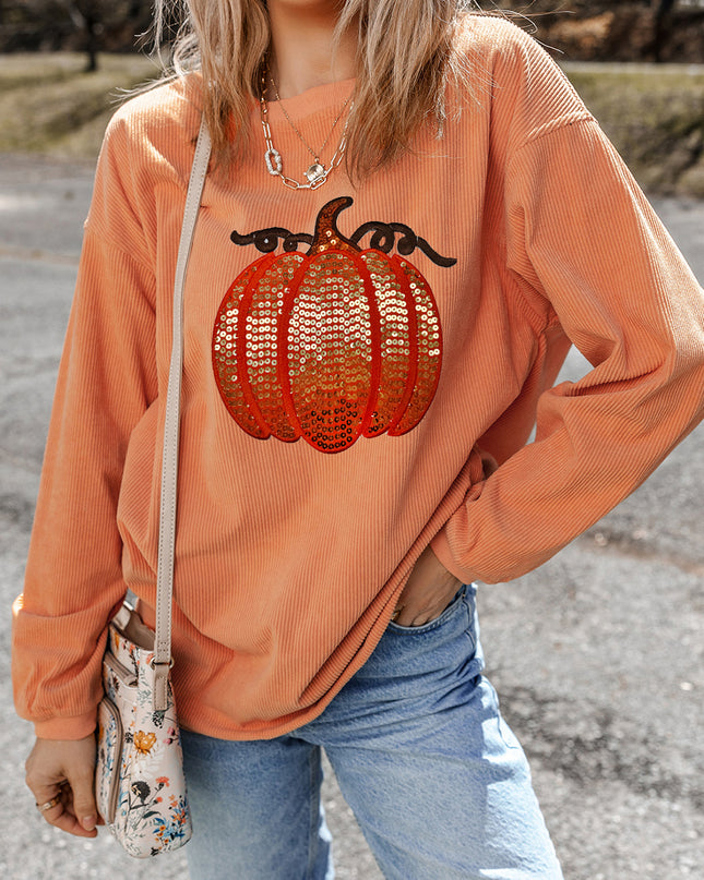 Orange Crinkle Ribbed Halloween Sequin Pumpkin Graphic Sweatshirt