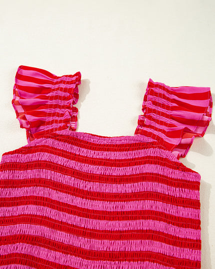 Rose Stripe Ruffle Strap Shirred Bodice Tiered Maxi Dress