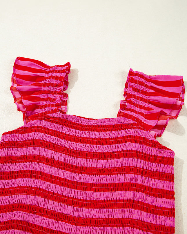 Rose Stripe Ruffle Strap Shirred Bodice Tiered Maxi Dress