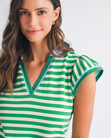 Green Striped Ruffle Short Sleeve Pop of Color Neckline Dress
