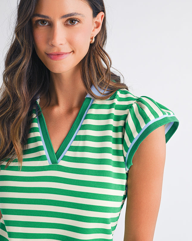 Green Striped Ruffle Short Sleeve Pop of Color Neckline Dress