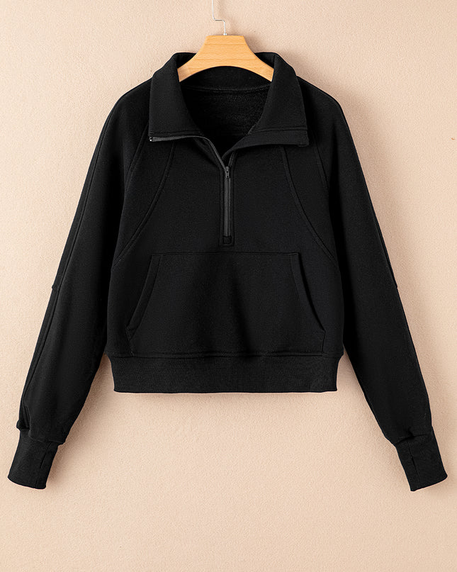 Black Zip Up Stand Collar Ribbed Thumbhole Sleeve Sweatshirt