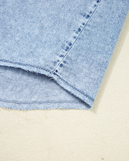 Denim Shirt Dress with Chest Pocket – Raw Hem Oversized Loose Fit Mini Dress (Blue Cotton)