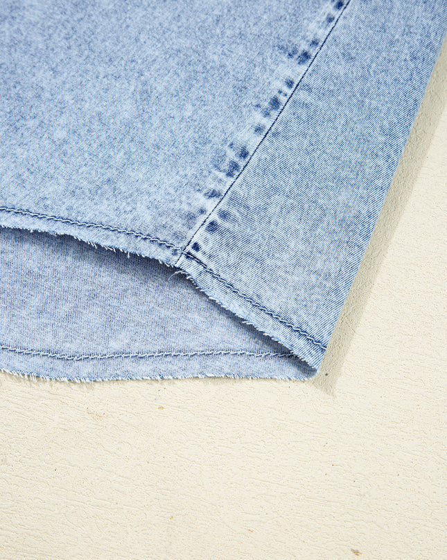 Denim Shirt Dress with Chest Pocket – Raw Hem Oversized Loose Fit Mini Dress (Blue Cotton)