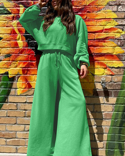 Mist Blue Wide-Leg Lounge Set | Drop Shoulder Crop Pullover & Drawstring Pants