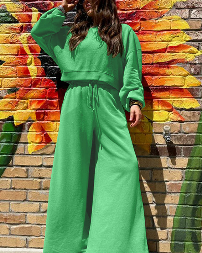 Mist Blue Wide-Leg Lounge Set | Drop Shoulder Crop Pullover & Drawstring Pants