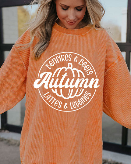 Orange Pumpkin Graphic Print Corded Oversized Sweatshirt