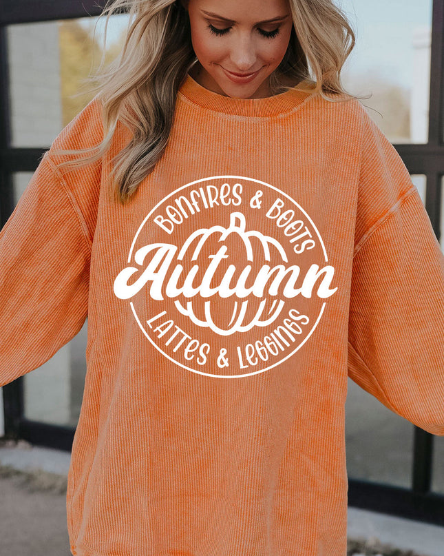 Orange Pumpkin Graphic Print Corded Oversized Sweatshirt